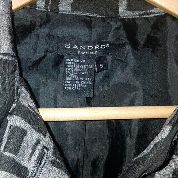 Sandro Sportswear Lined Jacket Belted Abstract Black Gray Print Button up Small - Picture 5 of 5